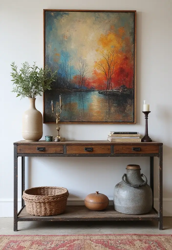 27 Industrial Console Table Decor Ideas To Elevate Your Entryway 4 27 Industrial Console Table Decor Ideas To Elevate Your Entryway - 4. Vintage Industrial Mix