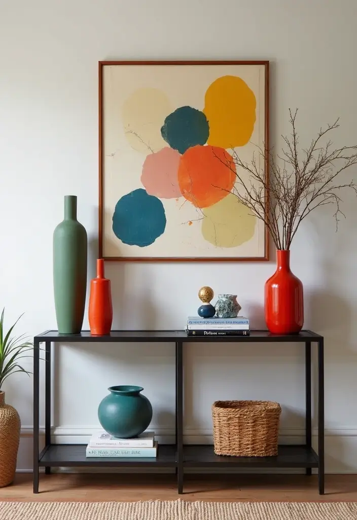27 Industrial Console Table Decor Ideas To Elevate Your Entryway 6 27 Industrial Console Table Decor Ideas To Elevate Your Entryway - 6. Bold Color Accents
