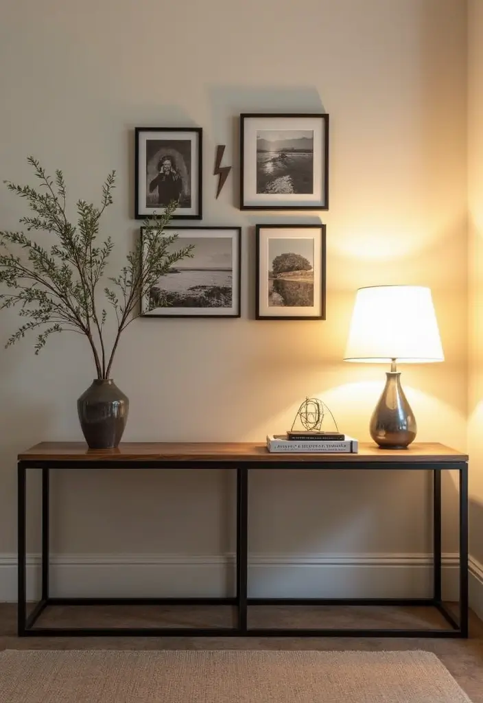 27 Industrial Console Table Decor Ideas To Elevate Your Entryway 11 27 Industrial Console Table Decor Ideas To Elevate Your Entryway - 7. Artistic Display