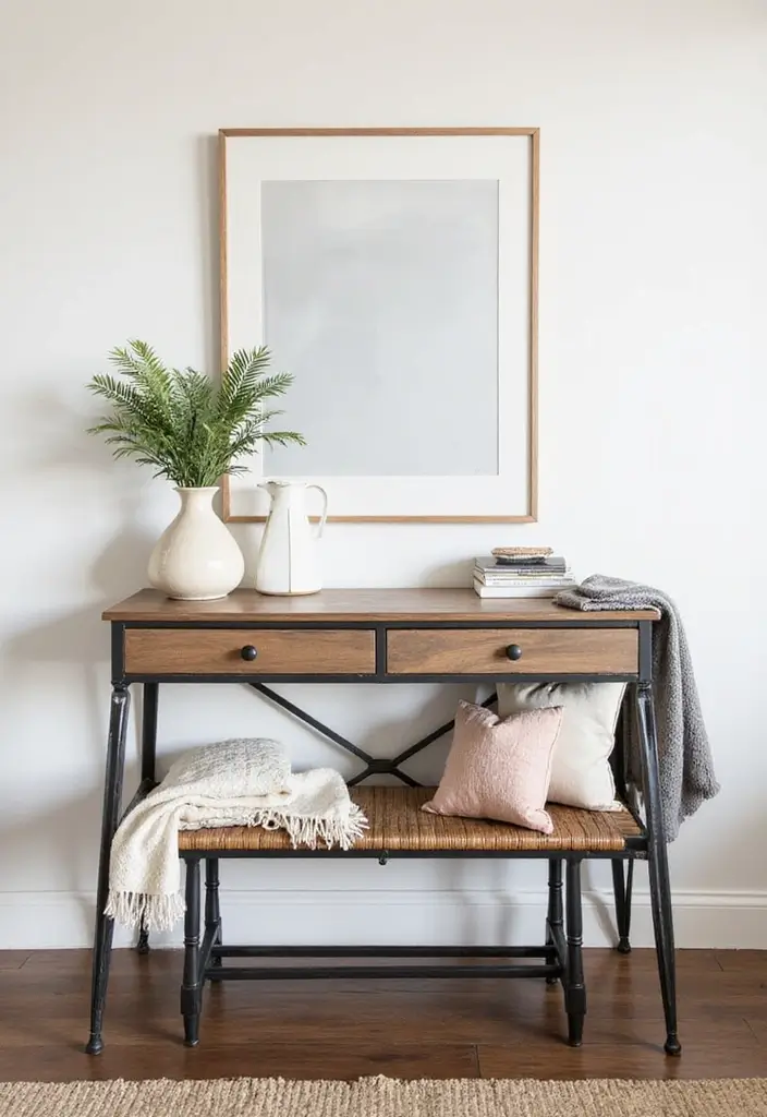 27 Industrial Console Table Decor Ideas To Elevate Your Entryway 25 27 Industrial Console Table Decor Ideas To Elevate Your Entryway - 9. Functional Entryway Bench