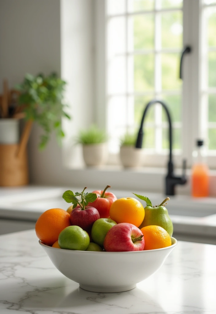 27 White Marble Kitchen Countertop Decor Inspirations 29 27 White Marble Kitchen Countertop Decor Inspirations - 15. Fresh Fruit Centerpieces