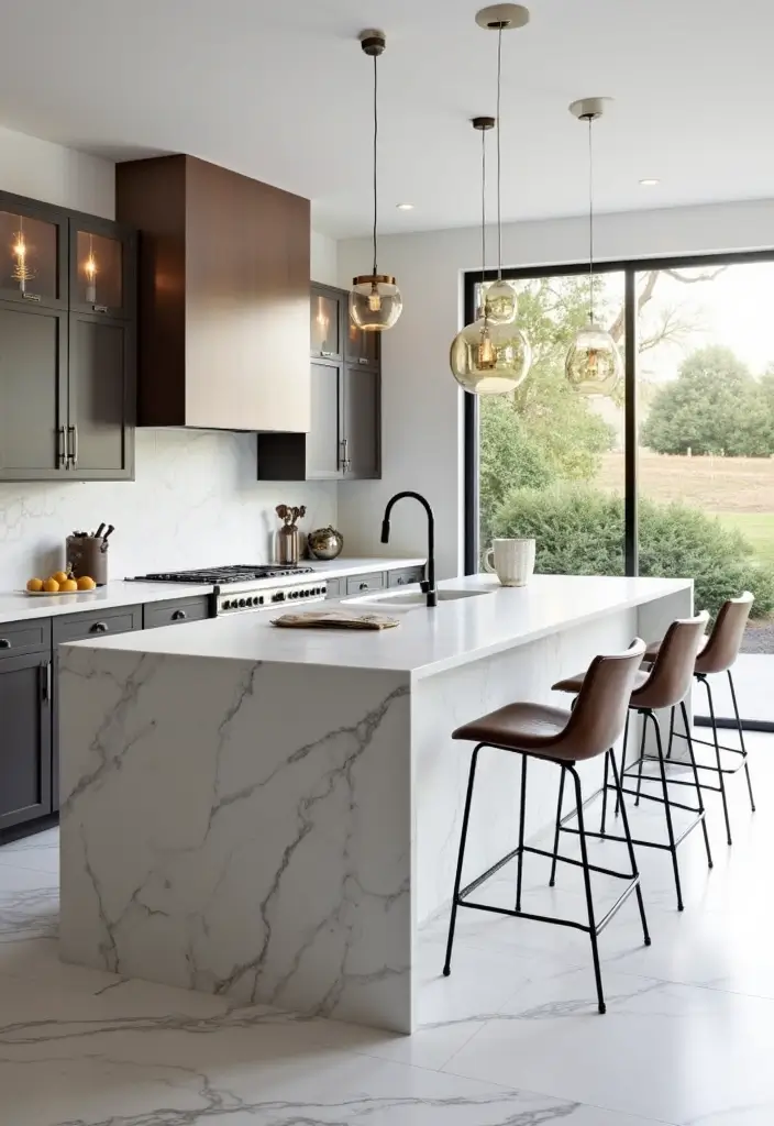 27 White Marble Kitchen Countertop Decor Inspirations 42 27 White Marble Kitchen Countertop Decor Inspirations - 20. Chic Bar Stools