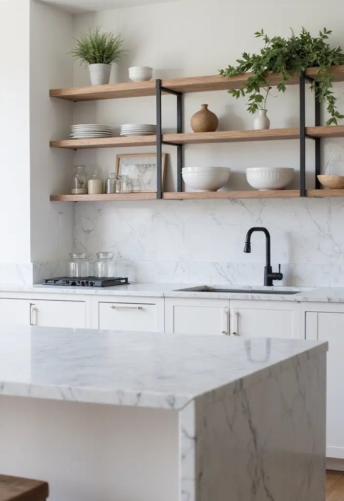 27 White Marble Kitchen Countertop Decor Inspirations 46 27 White Marble Kitchen Countertop Decor Inspirations - 22. Open Shelving Displays