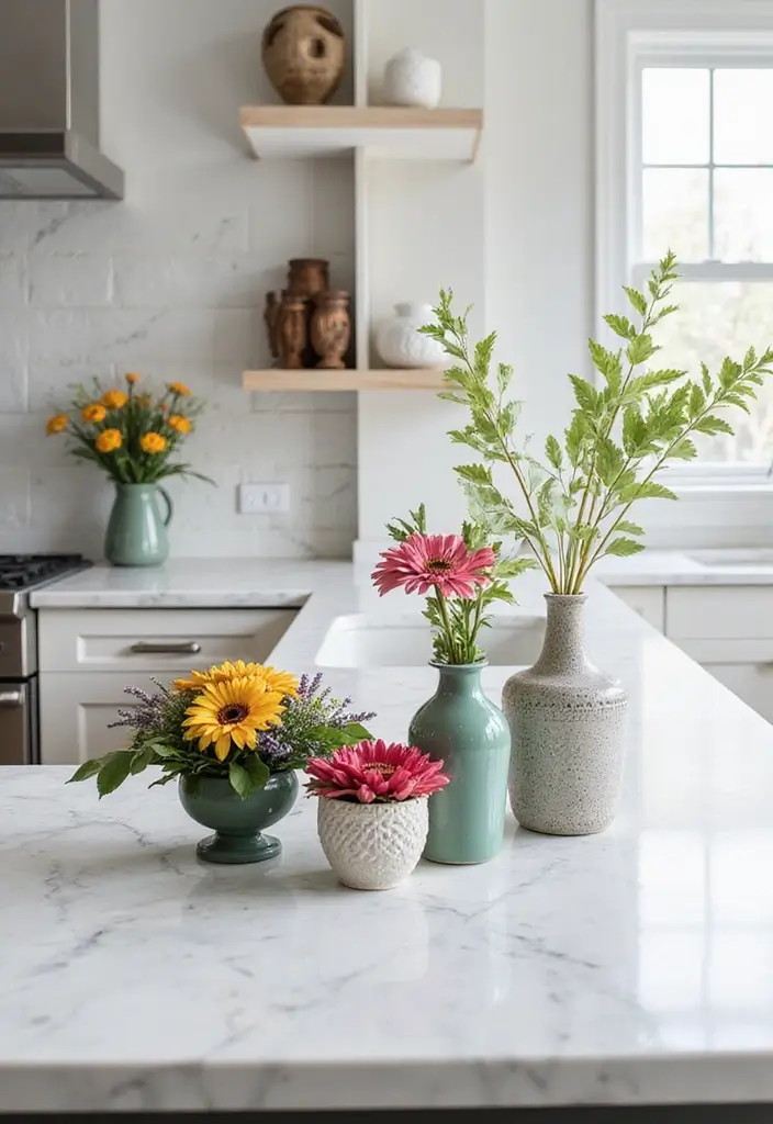 27 White Marble Kitchen Countertop Decor Inspirations 12 27 White Marble Kitchen Countertop Decor Inspirations - 6. Beautiful Botanical Arrangements