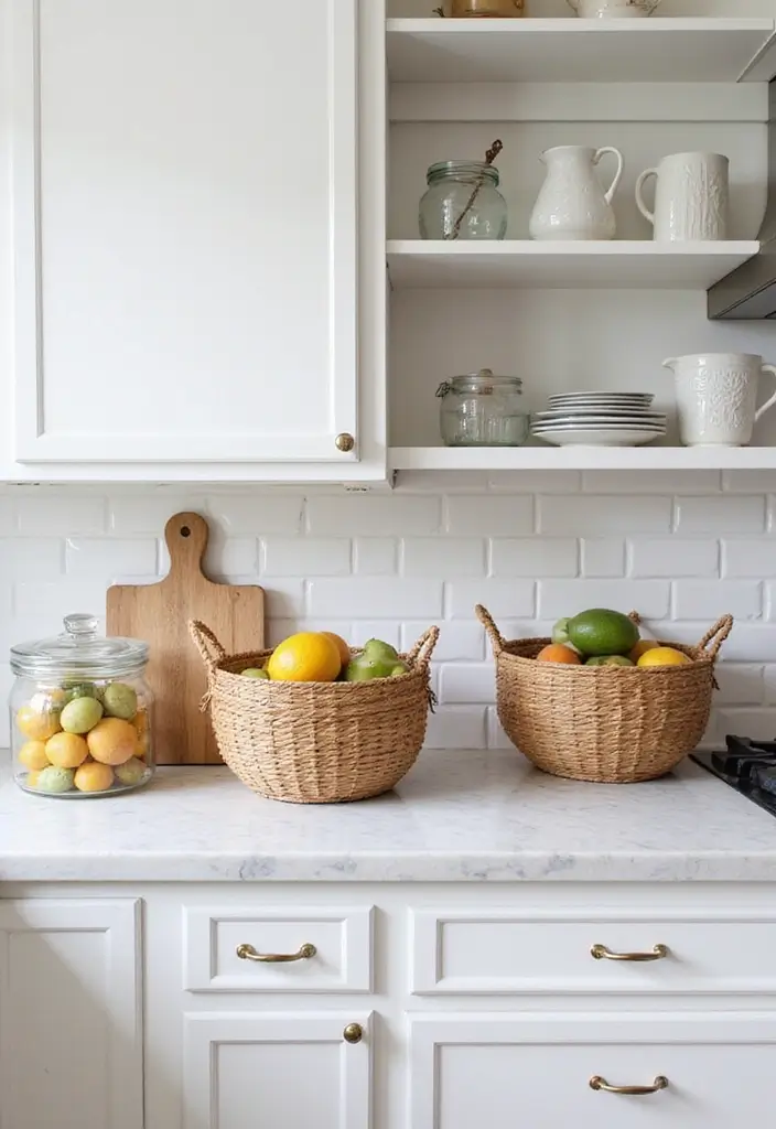27 White Marble Kitchen Countertop Decor Inspirations 14 27 White Marble Kitchen Countertop Decor Inspirations - 8. Decorative Baskets for Storage