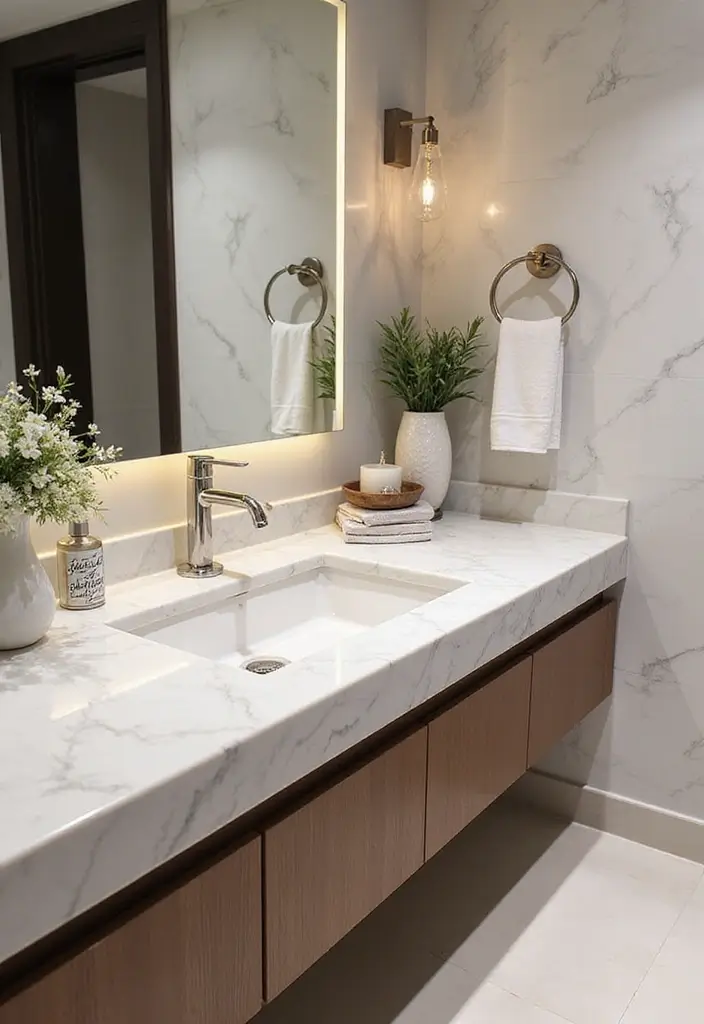 28 Bathroom Decor Ideas With Marble Counters And Accents 13 28 Bathroom Decor Ideas With Marble Counters And Accents - 5. Marble Countertops with Under-mount Sinks