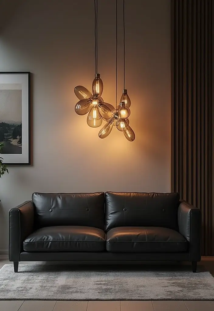 28 Black Leather Sofa Decor Ideas For Minimalist Homes - 10. Bold Lighting Fixtures