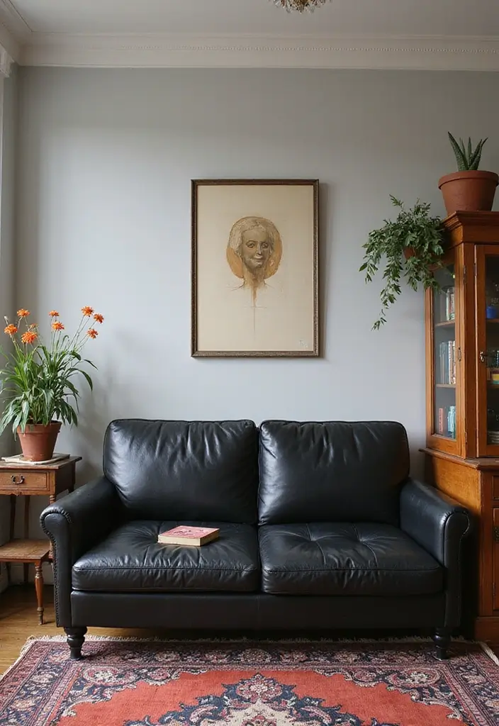 28 Black Leather Sofa Decor Ideas For Minimalist Homes - 12. Vintage Finds