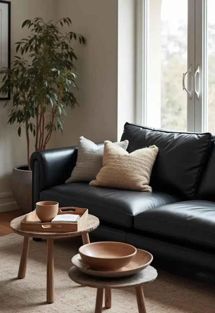 28 Black Leather Sofa Decor Ideas For Minimalist Homes - 16. Functional Accessories