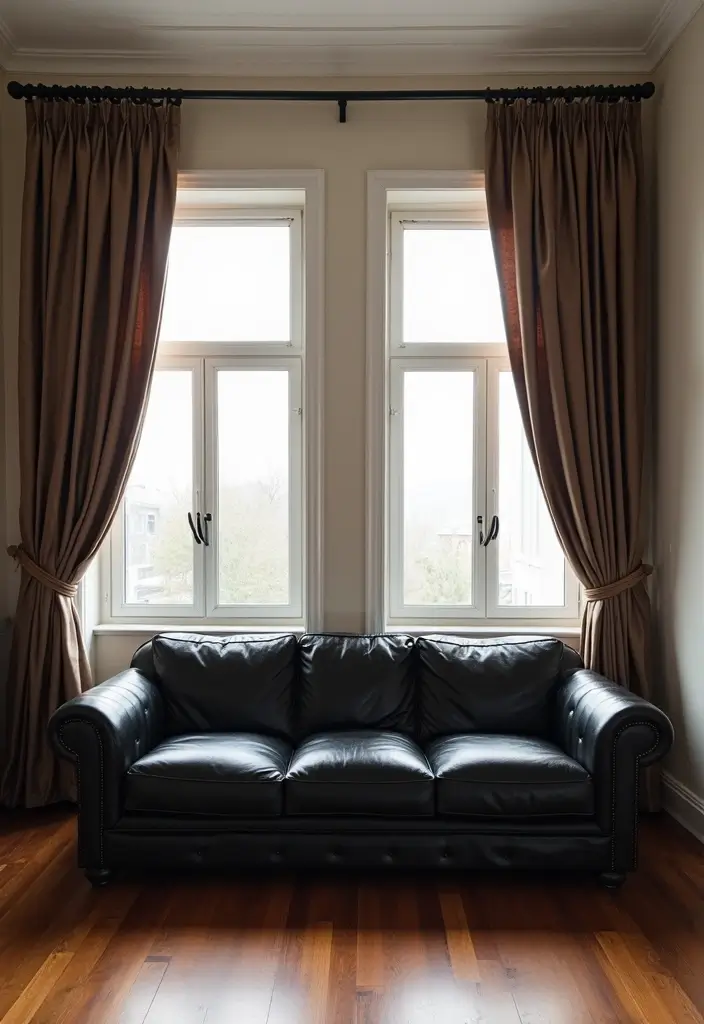 28 Black Leather Sofa Decor Ideas For Minimalist Homes - 21. Elegant Curtains