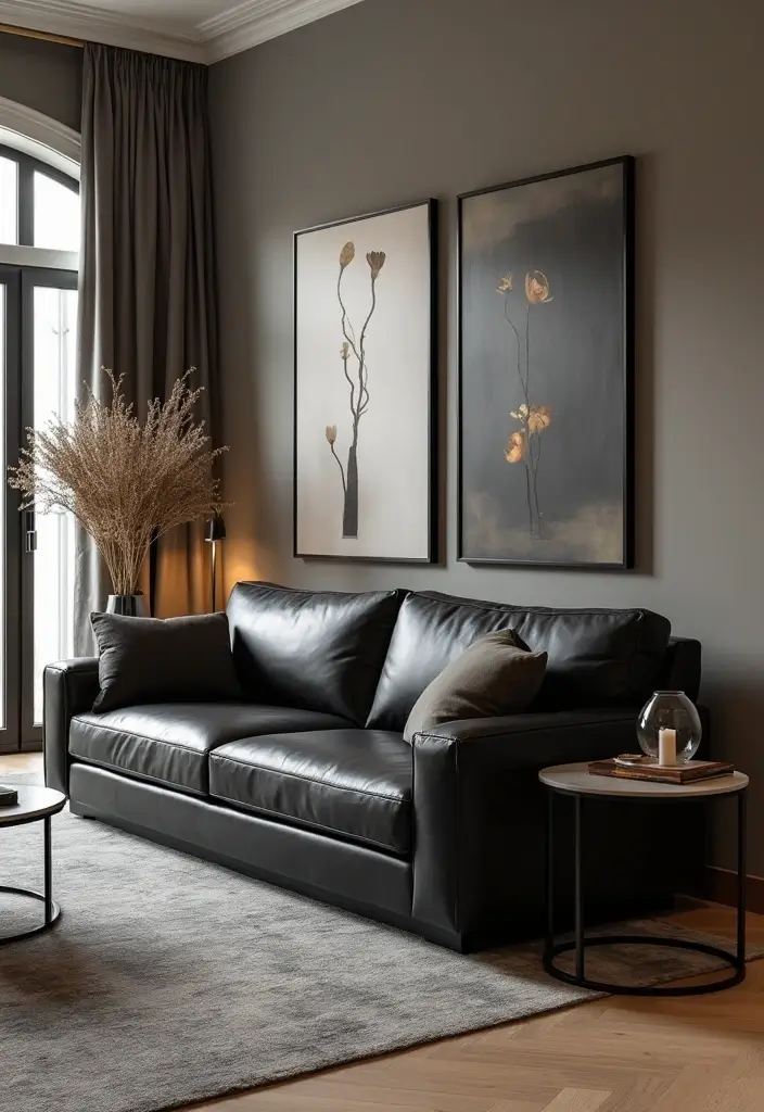 28 Black Leather Sofa Decor Ideas For Minimalist Homes - 23. Elegant Side Tables