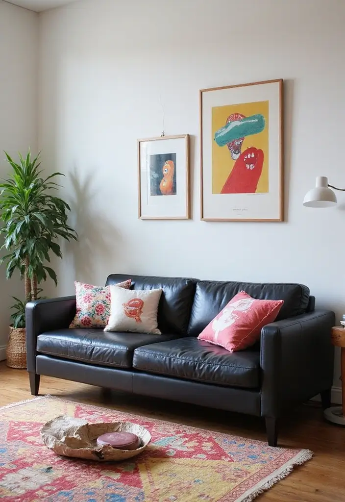 28 Black Leather Sofa Decor Ideas For Minimalist Homes - 24. Fun Prints