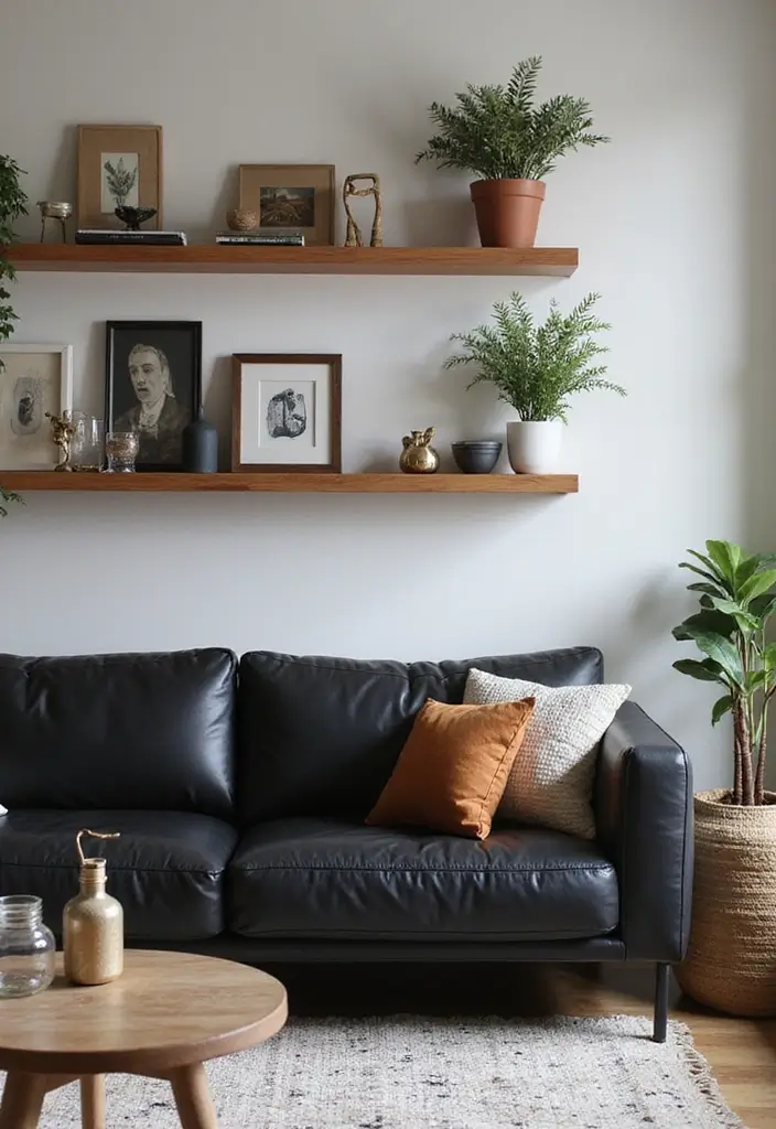 28 Black Leather Sofa Decor Ideas For Minimalist Homes - 26. Wall Shelves