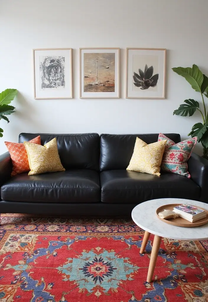 28 Black Leather Sofa Decor Ideas For Minimalist Homes - 3. Bright Pops of Color