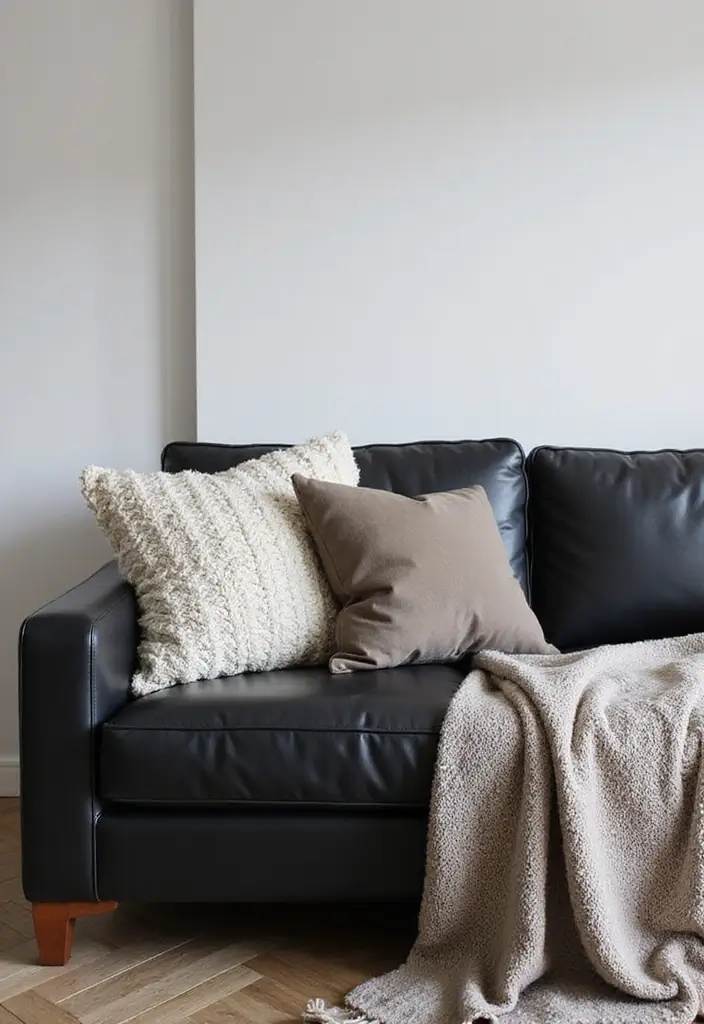 28 Black Leather Sofa Decor Ideas For Minimalist Homes - 4. Layered Textures
