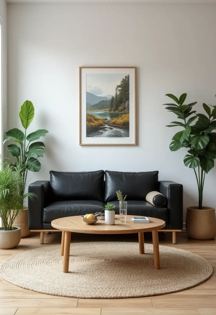 28 Black Leather Sofa Decor Ideas For Minimalist Homes - 5. Nature-Inspired Decor