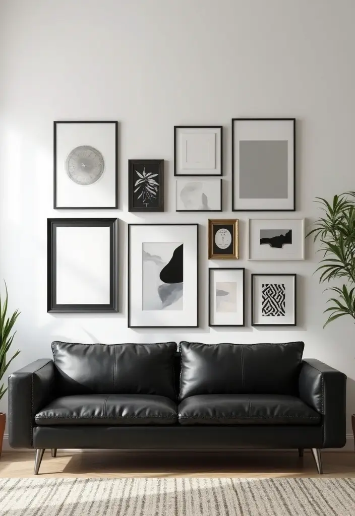 28 Black Leather Sofa Decor Ideas For Minimalist Homes - 6. Minimalist Gallery Wall