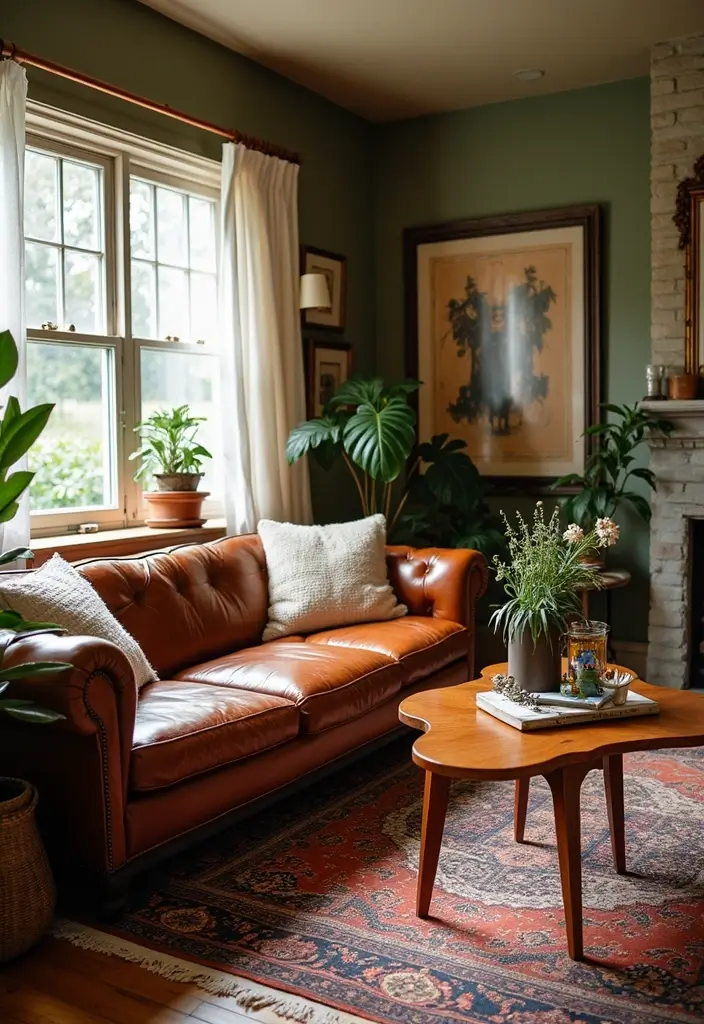 28 Cognac Leather Couch Living Room Decor Ideas For Warm Spaces 39 28 Cognac Leather Couch Living Room Decor Ideas For Warm Spaces - 11. Vintage Finds and Thrift Store Treasures