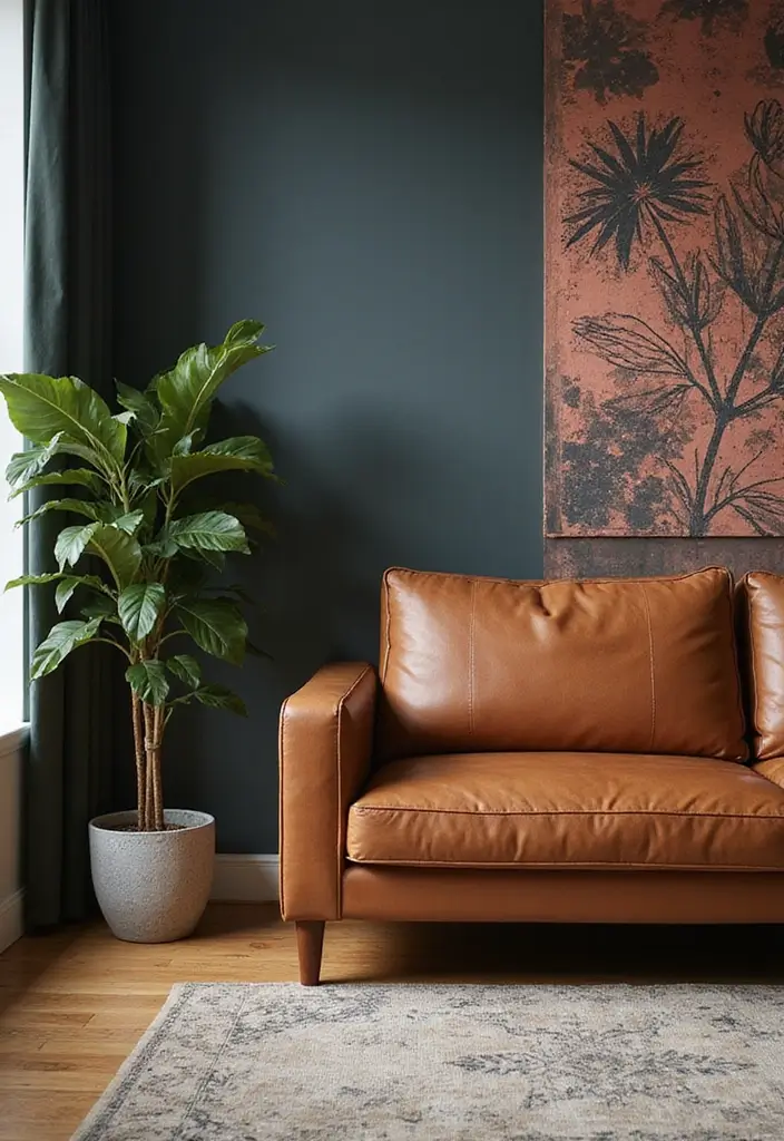 28 Cognac Leather Couch Living Room Decor Ideas For Warm Spaces 40 28 Cognac Leather Couch Living Room Decor Ideas For Warm Spaces - 12. Accent Walls for Depth