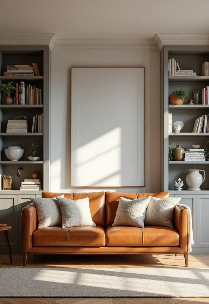 28 Cognac Leather Couch Living Room Decor Ideas For Warm Spaces 47 28 Cognac Leather Couch Living Room Decor Ideas For Warm Spaces - 13. Built-In Shelving for Displays