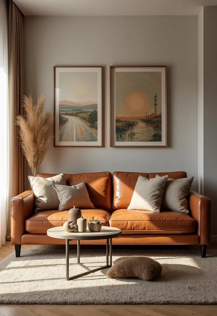 28 Cognac Leather Couch Living Room Decor Ideas For Warm Spaces 55 28 Cognac Leather Couch Living Room Decor Ideas For Warm Spaces - 15. Complementary Artwork