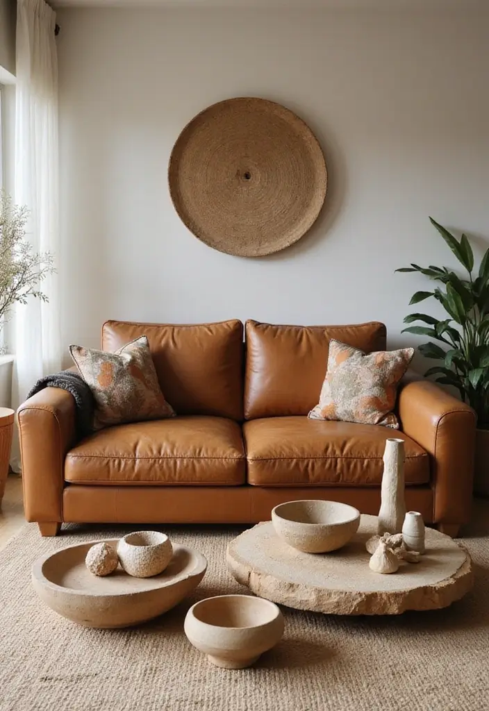 28 Cognac Leather Couch Living Room Decor Ideas For Warm Spaces 57 28 Cognac Leather Couch Living Room Decor Ideas For Warm Spaces - 17. Soft Nature-Inspired Accents