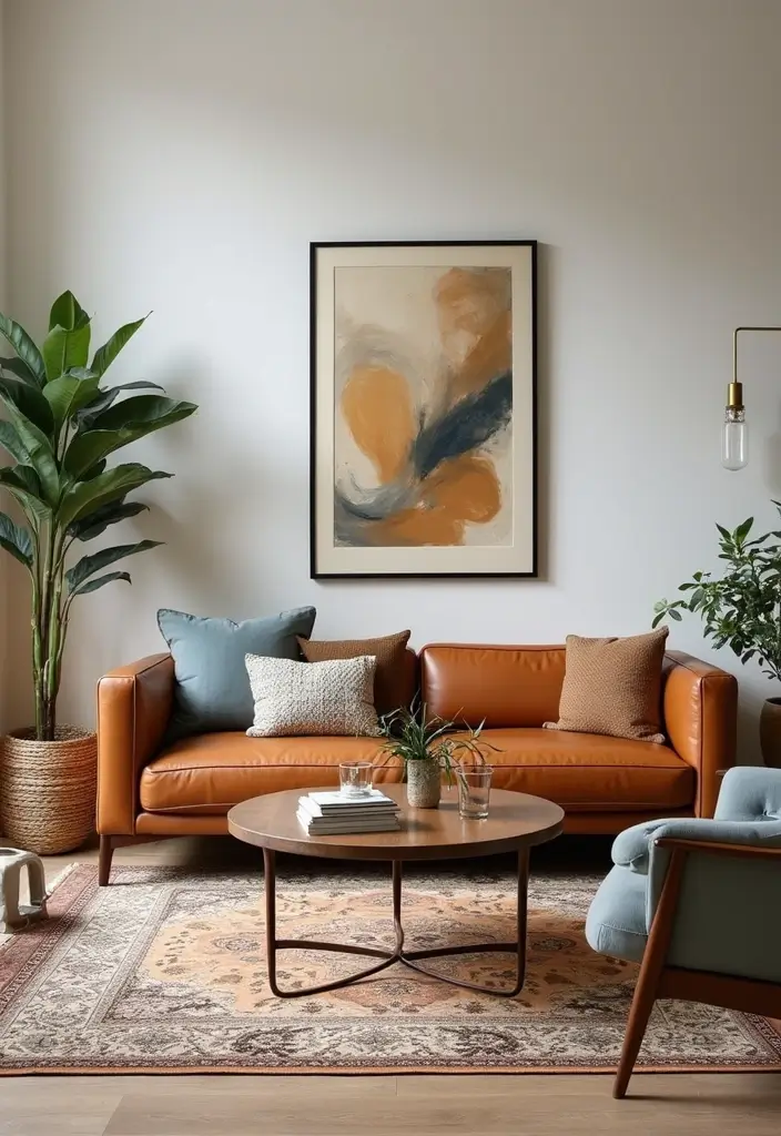 28 Cognac Leather Couch Living Room Decor Ideas For Warm Spaces 69 28 Cognac Leather Couch Living Room Decor Ideas For Warm Spaces - 21. Transitional Styles for Versatility