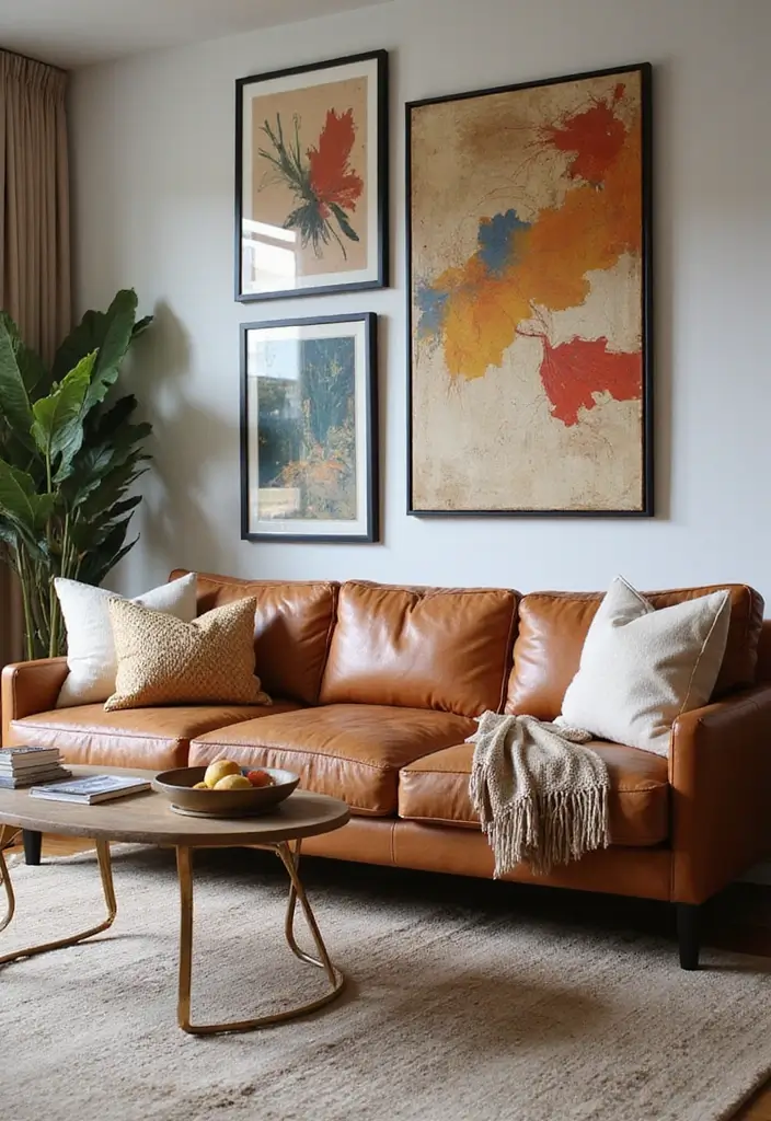 28 Cognac Leather Couch Living Room Decor Ideas For Warm Spaces 84 28 Cognac Leather Couch Living Room Decor Ideas For Warm Spaces - 24. Large-Scale Art Pieces