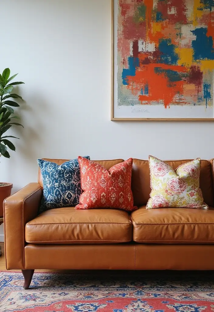 28 Cognac Leather Couch Living Room Decor Ideas For Warm Spaces 26 28 Cognac Leather Couch Living Room Decor Ideas For Warm Spaces - 6. Playful Patterns in Accents