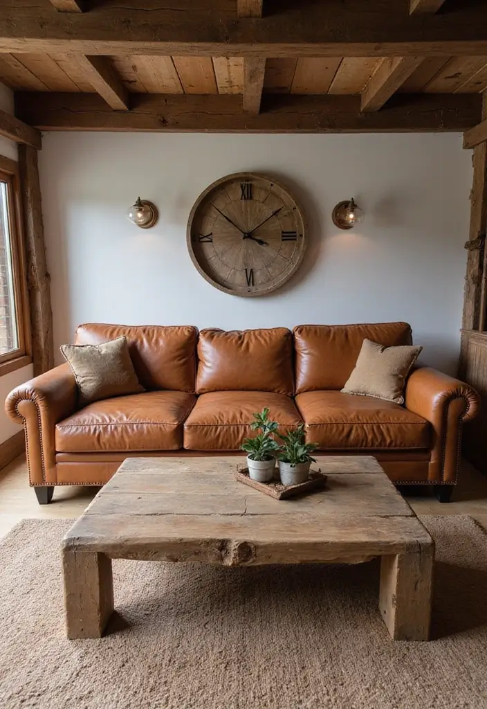 28 Cognac Leather Couch Living Room Decor Ideas For Warm Spaces 33 28 Cognac Leather Couch Living Room Decor Ideas For Warm Spaces - 7. Rustic Charm with Wood Elements