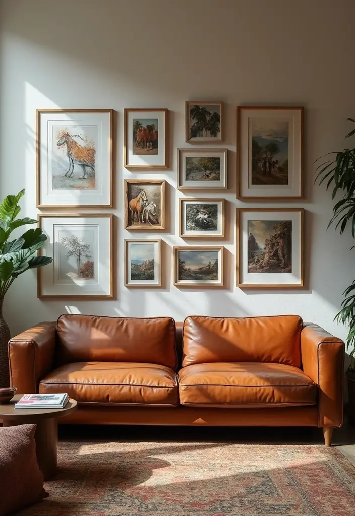 28 Cognac Leather Couch Living Room Decor Ideas For Warm Spaces 34 28 Cognac Leather Couch Living Room Decor Ideas For Warm Spaces - 8. Artistic Wall Decor