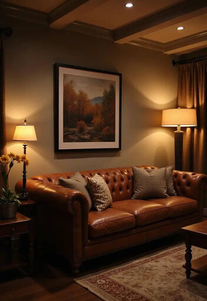 28 Home Decor Ideas For Living Rooms With Leather Couches - 10. Layered Lighting