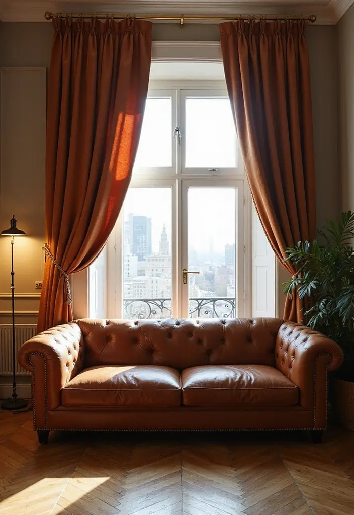 28 Home Decor Ideas For Living Rooms With Leather Couches - 14. Bold Curtains