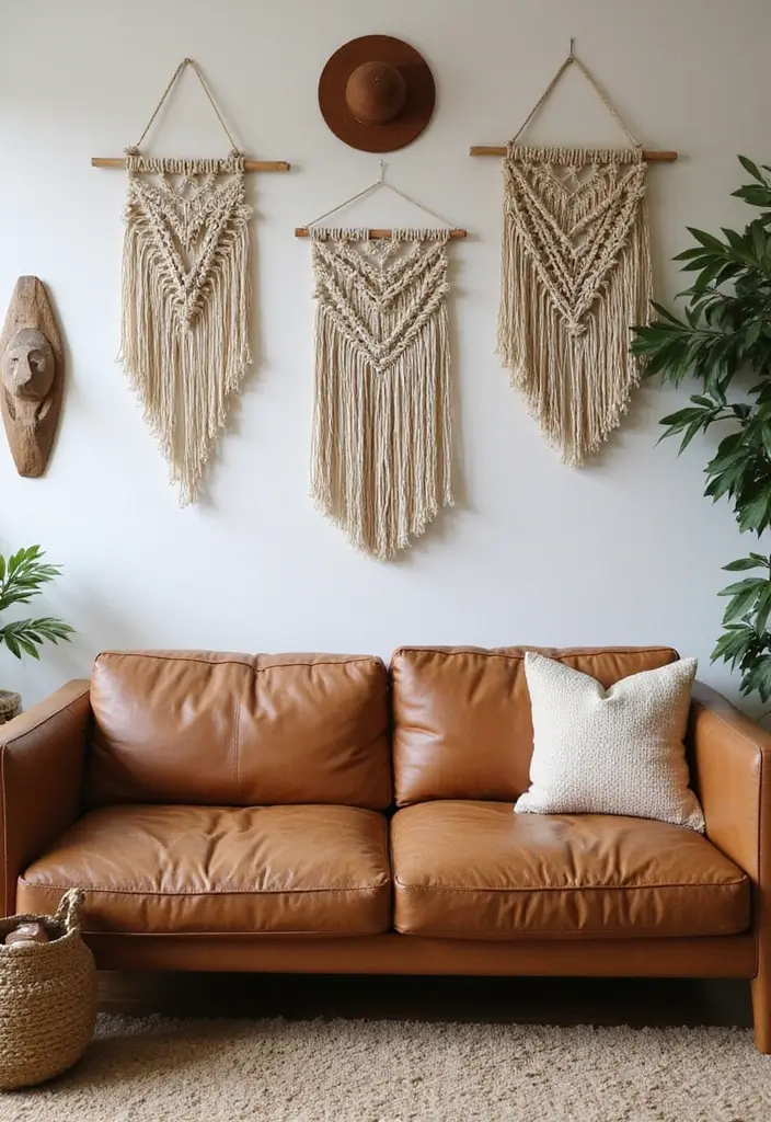 28 Home Decor Ideas For Living Rooms With Leather Couches - 2. Eco-Friendly Wall Art
