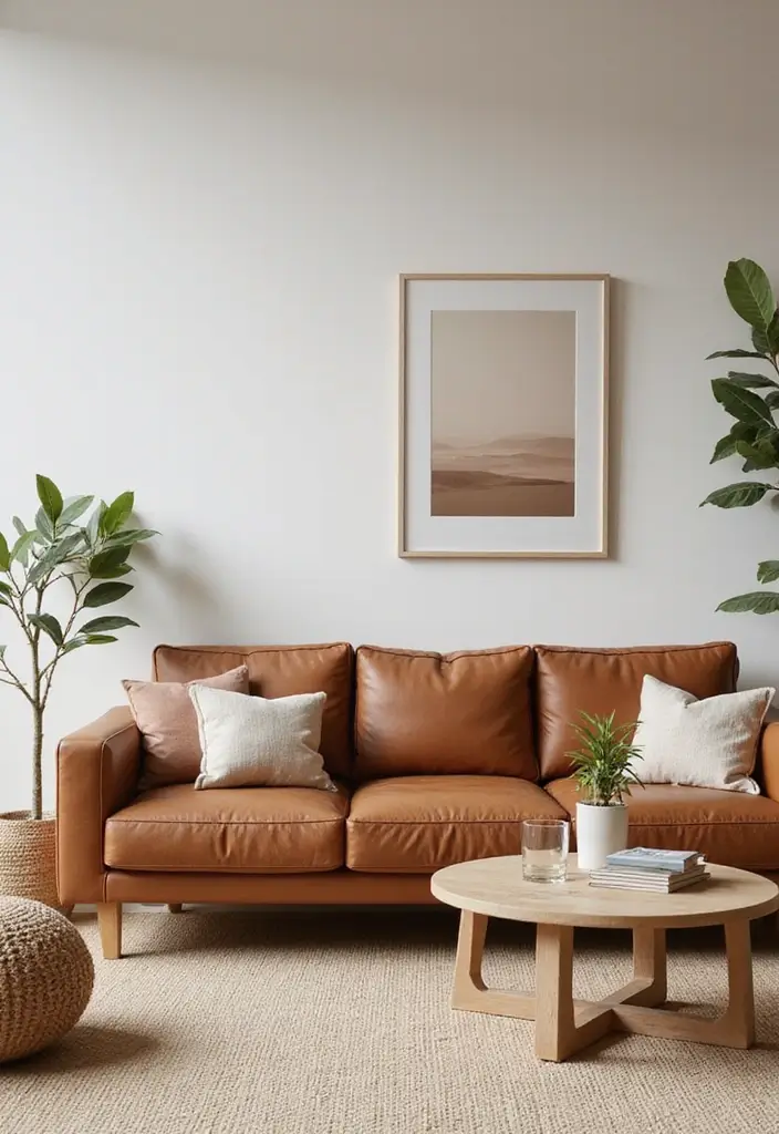 28 Home Decor Ideas For Living Rooms With Leather Couches - 21. Natural Color Accents