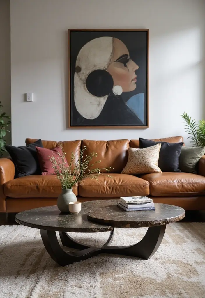 28 Home Decor Ideas For Living Rooms With Leather Couches - 25. Statement Coffee Tables