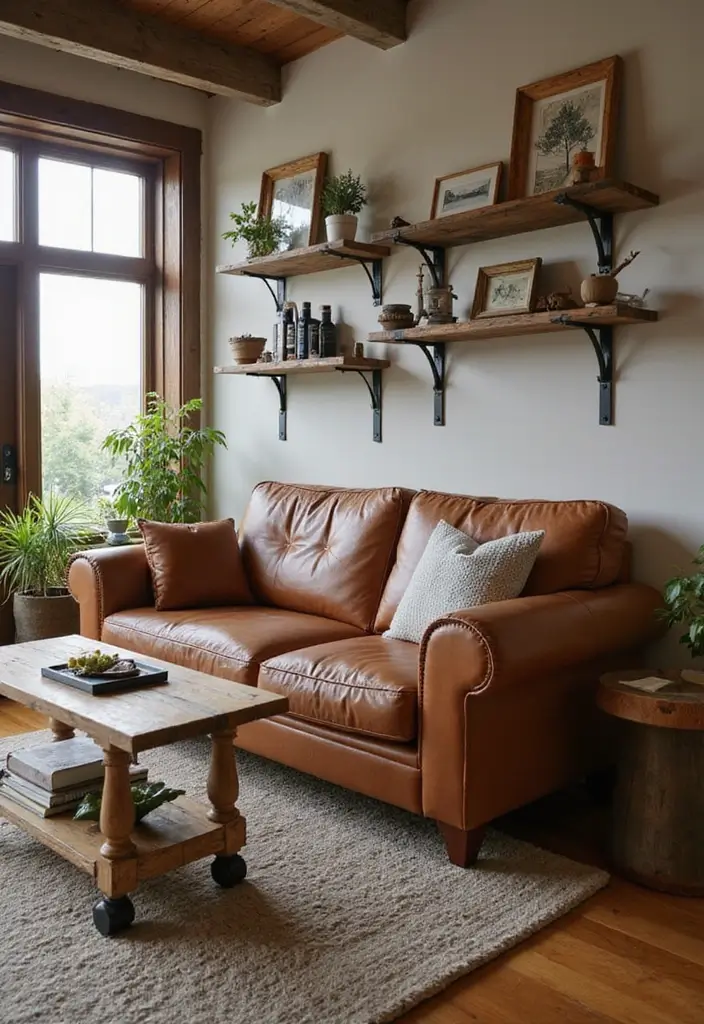 28 Home Decor Ideas For Living Rooms With Leather Couches - 27. Reclaimed Wood Accents