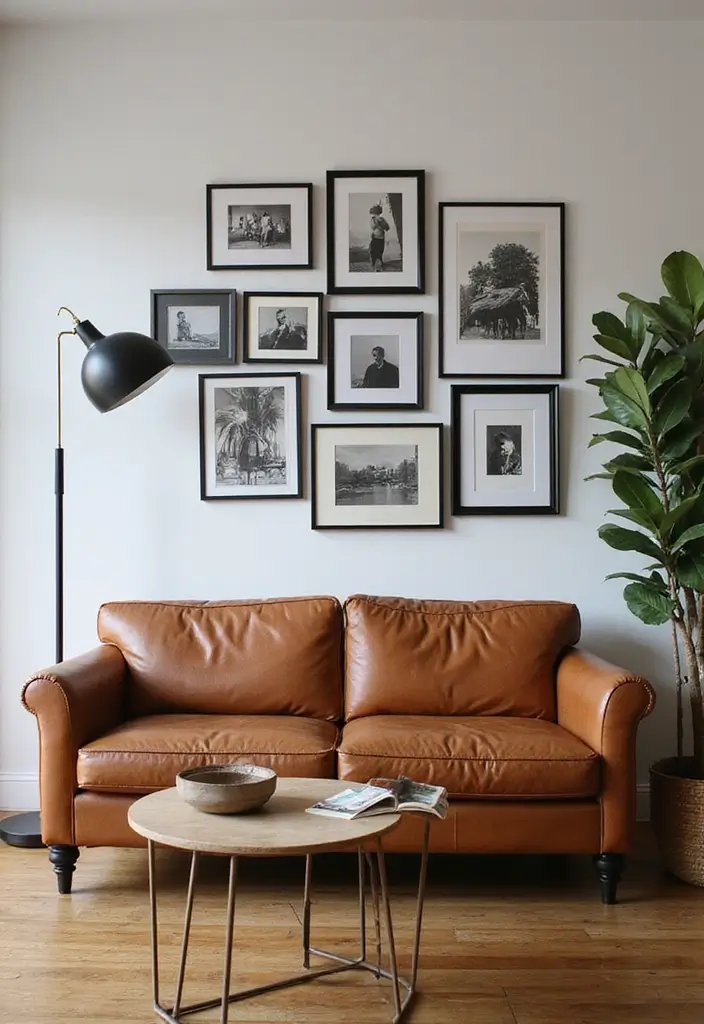 28 Home Decor Ideas For Living Rooms With Leather Couches - 9. Personal Gallery Space