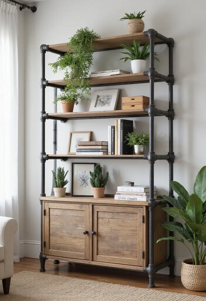 28 Industrial Shelf Decor Ideas For Living Rooms - 1. Rustic Pipe Shelving