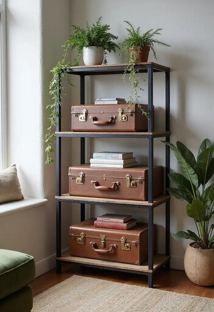 28 Industrial Shelf Decor Ideas For Living Rooms - 11. Vintage Suitcases as Decor