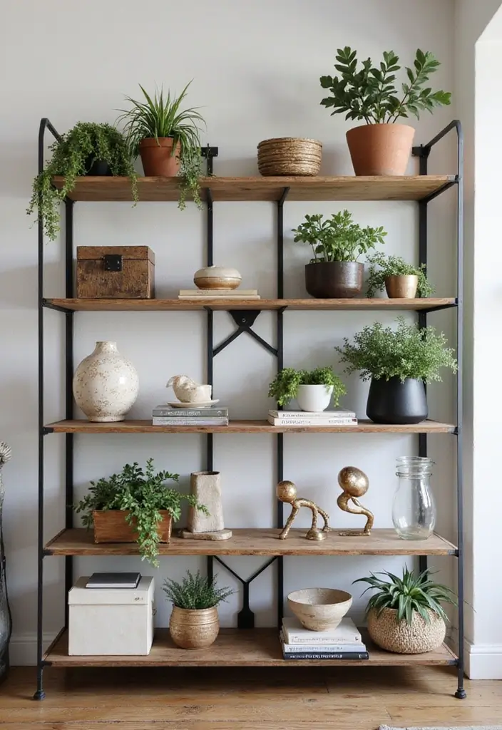 28 Industrial Shelf Decor Ideas For Living Rooms - 13. Layered Decorative Items