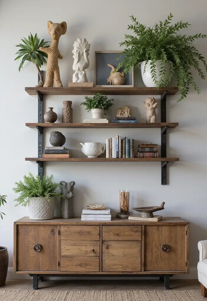 28 Industrial Shelf Decor Ideas For Living Rooms - 18. Statement Sculptures