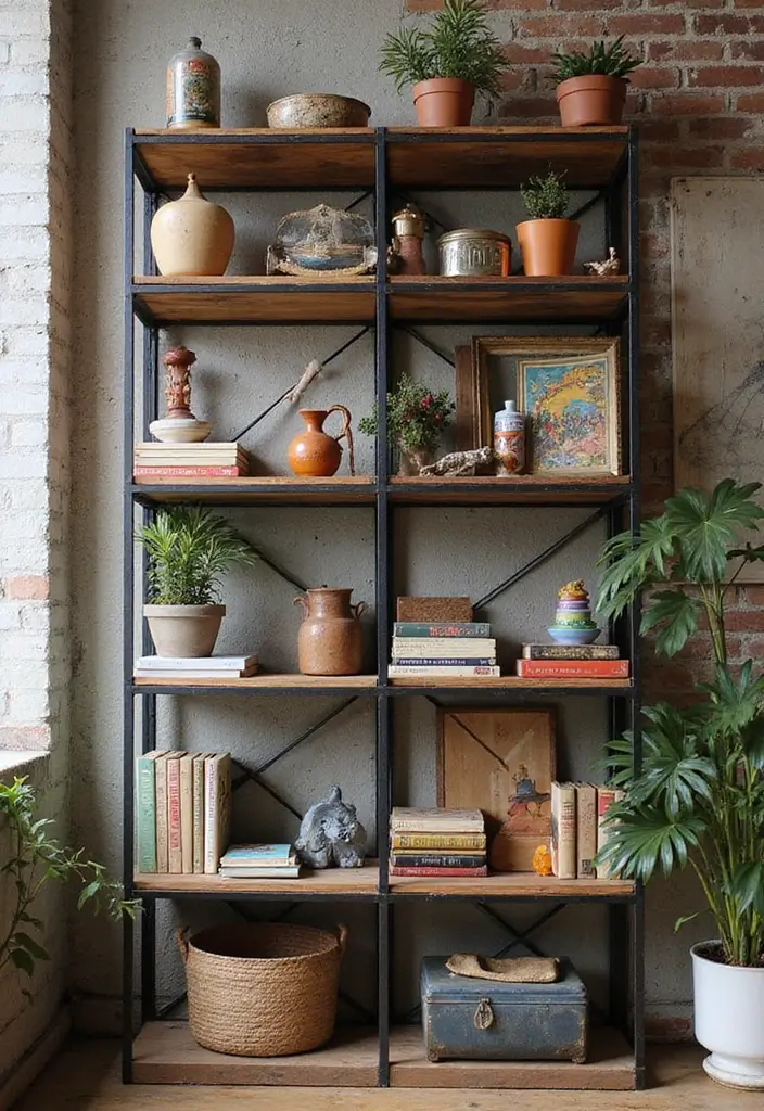 28 Industrial Shelf Decor Ideas For Living Rooms - 2. Open Shelving with Vintage Finds
