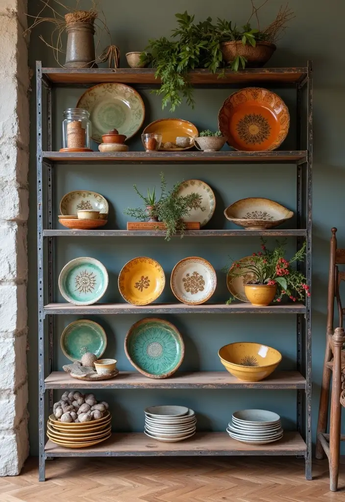 28 Industrial Shelf Decor Ideas For Living Rooms - 20. Unique Dish Displays