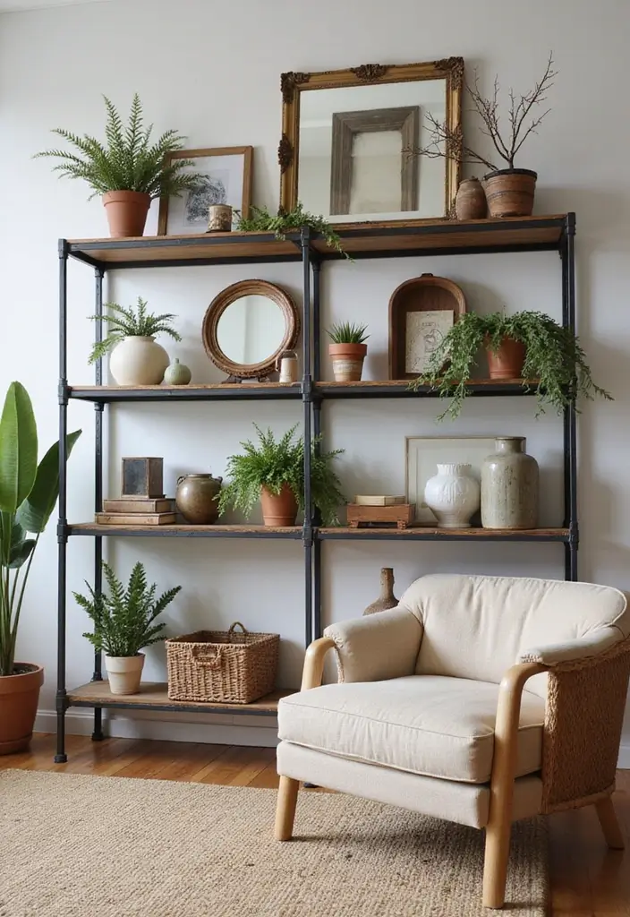 28 Industrial Shelf Decor Ideas For Living Rooms - 21. Vintage Mirrors