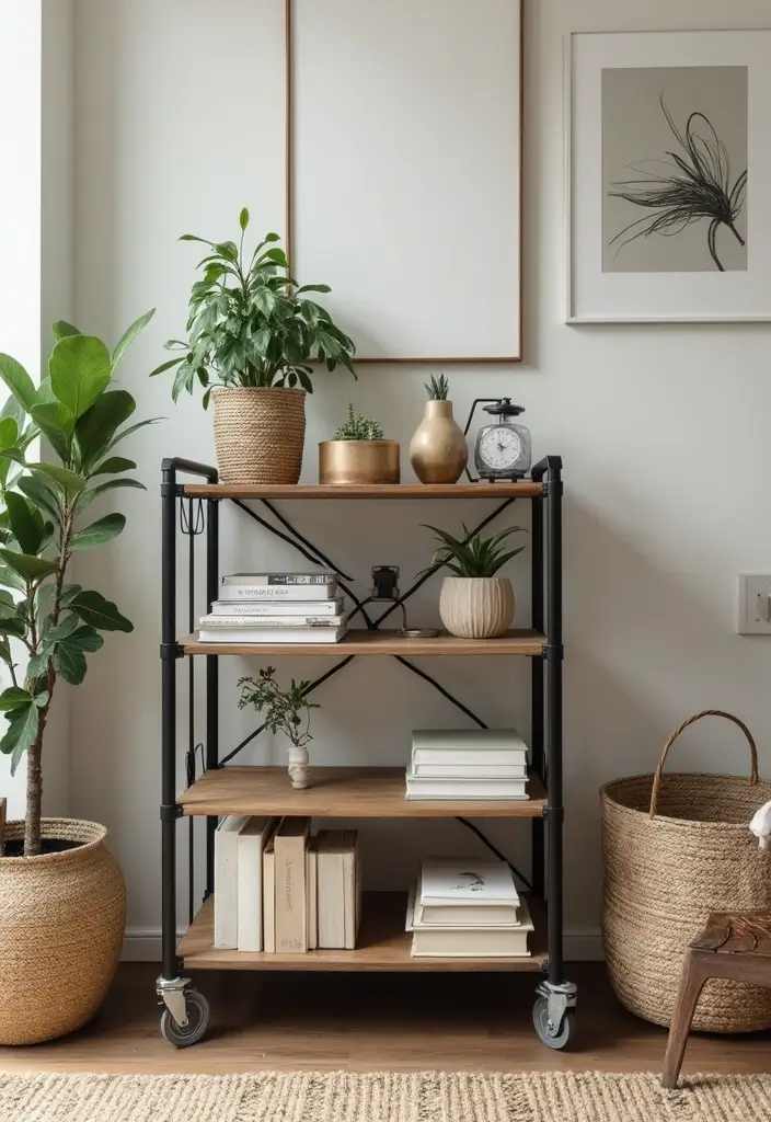28 Industrial Shelf Decor Ideas For Living Rooms - 22. Industrial Cart Shelves