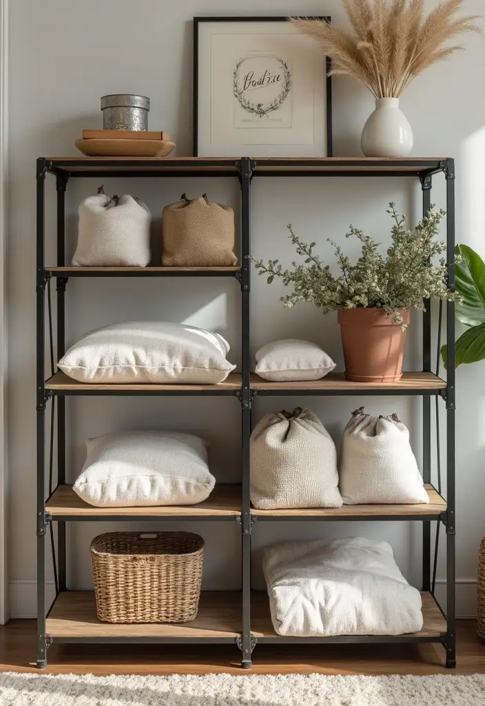 28 Industrial Shelf Decor Ideas For Living Rooms - 23. Fabric and Textiles