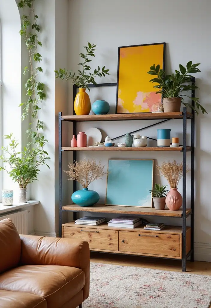 28 Industrial Shelf Decor Ideas For Living Rooms - 25. Playful Color Pops