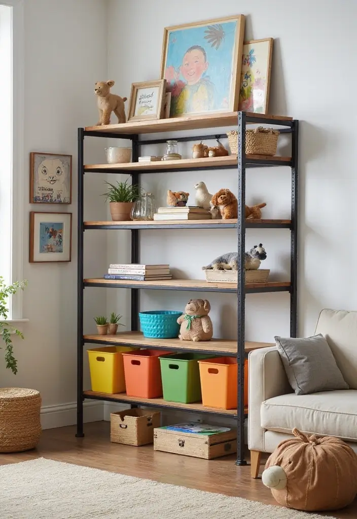 28 Industrial Shelf Decor Ideas For Living Rooms - 27. Fun Kids’ Corner