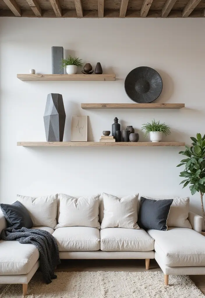28 Industrial Shelf Decor Ideas For Living Rooms - 3. Minimalist Floating Shelves